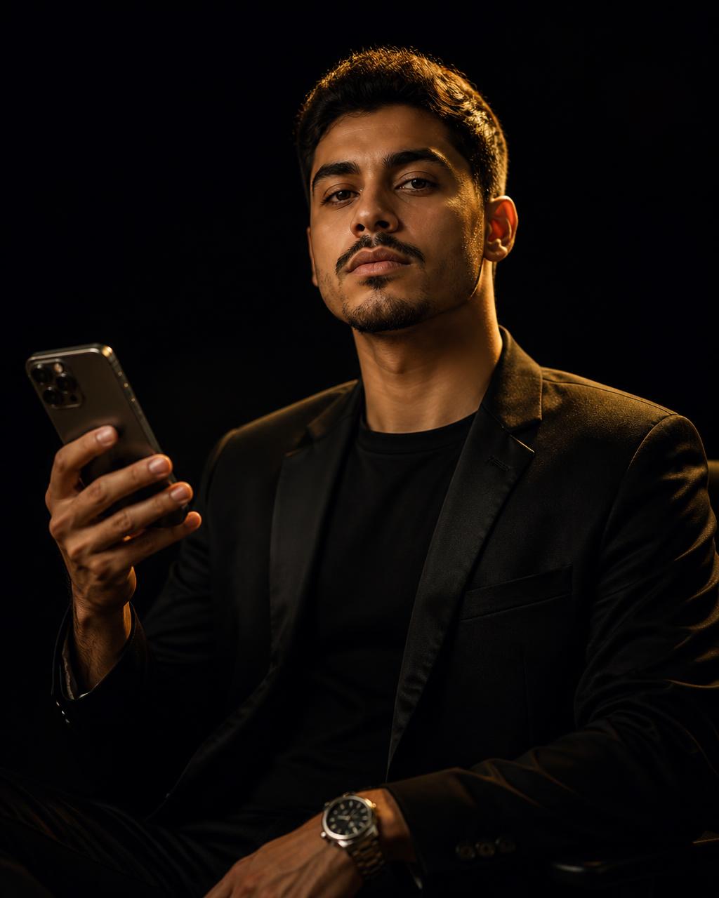 Criador de conteúdo em ensaio editorial com iluminação dourada